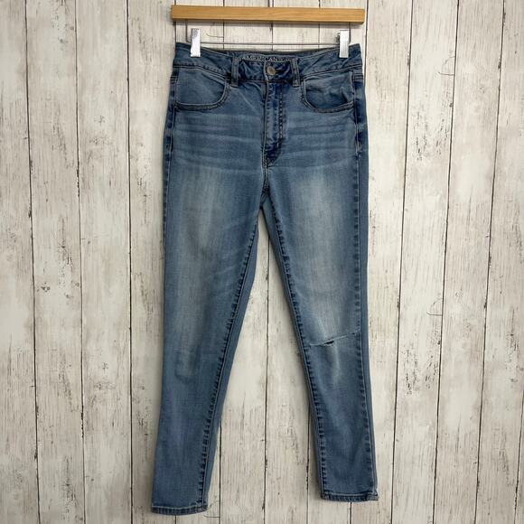 American Eagle Super Stretch Mid Rise Light Wash Distressed Skinny Jeans 6S - Picture 1 of 10
